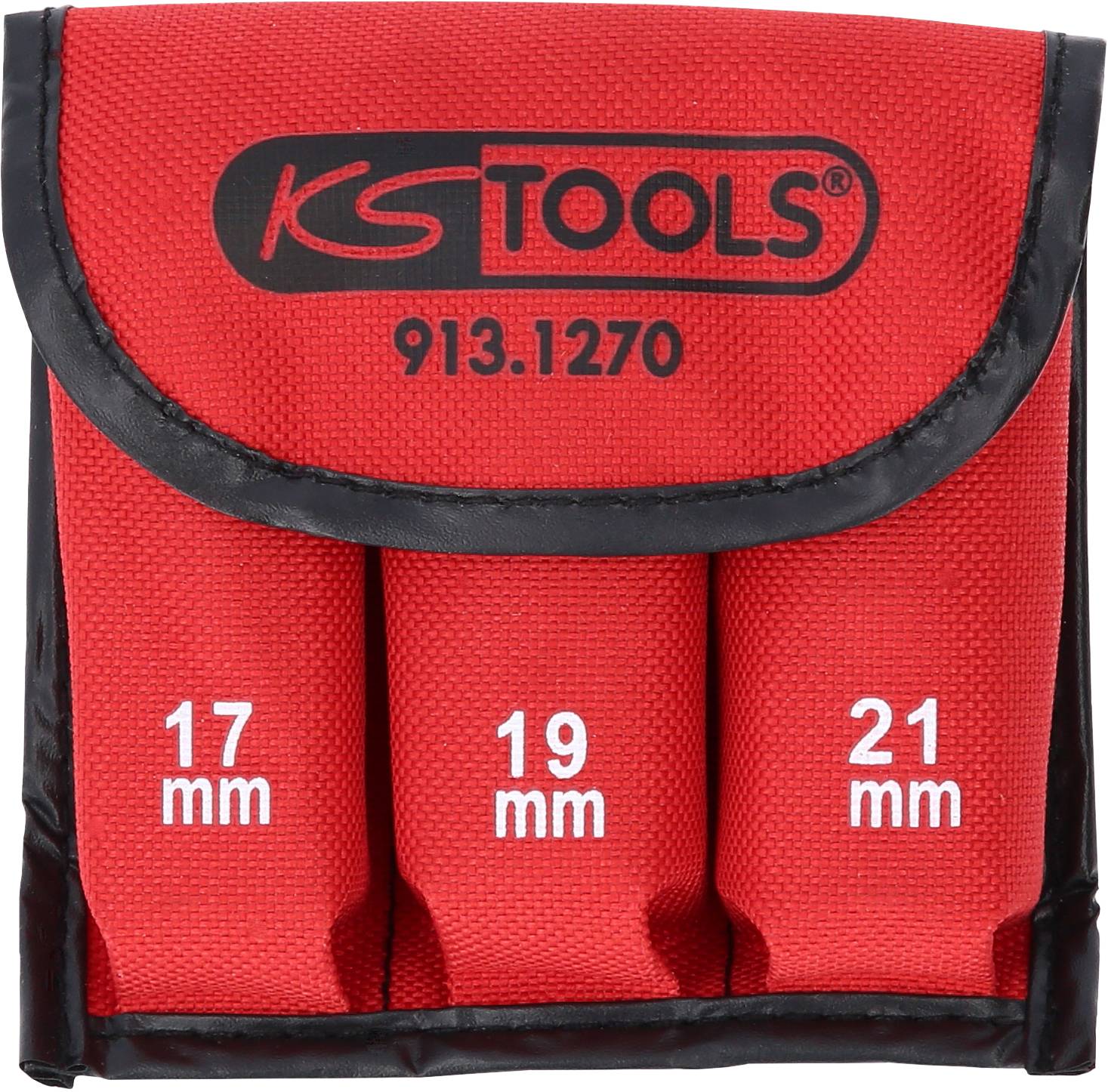 Drei rote Stecknuss-Halter mit den Größen 17 mm, 19 mm und 21 mm, Markenaufschrift 'KS Tools' auf der Tasche.