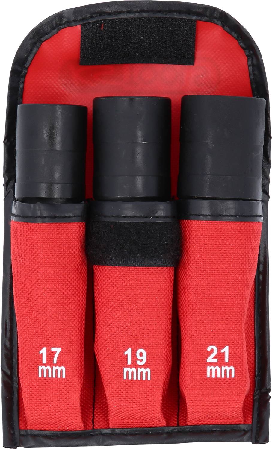 Drei schwarze Stecknüsse in roten Halterungen mit Aufdrucken: 17 mm, 19 mm, 21 mm, in einer schwarzen Werkzeugtasche angeordnet.