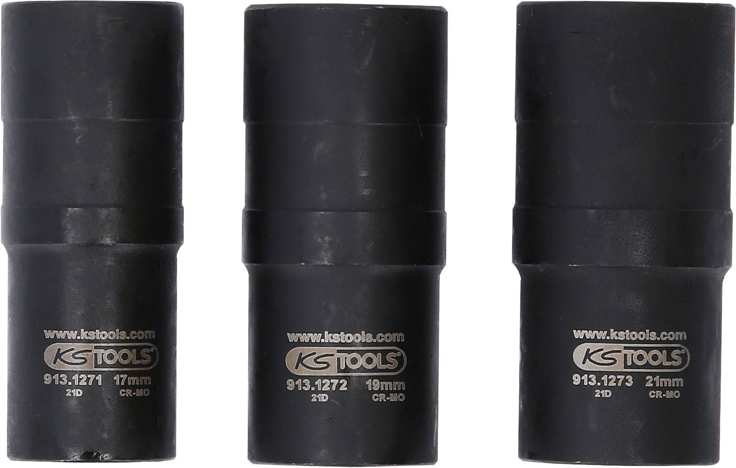 Drei schwarze Steckschlüssel in verschiedenen Größen: 17mm, 19mm und 21mm, von KS Tools nebeneinander auf einem weißen Hintergrund.