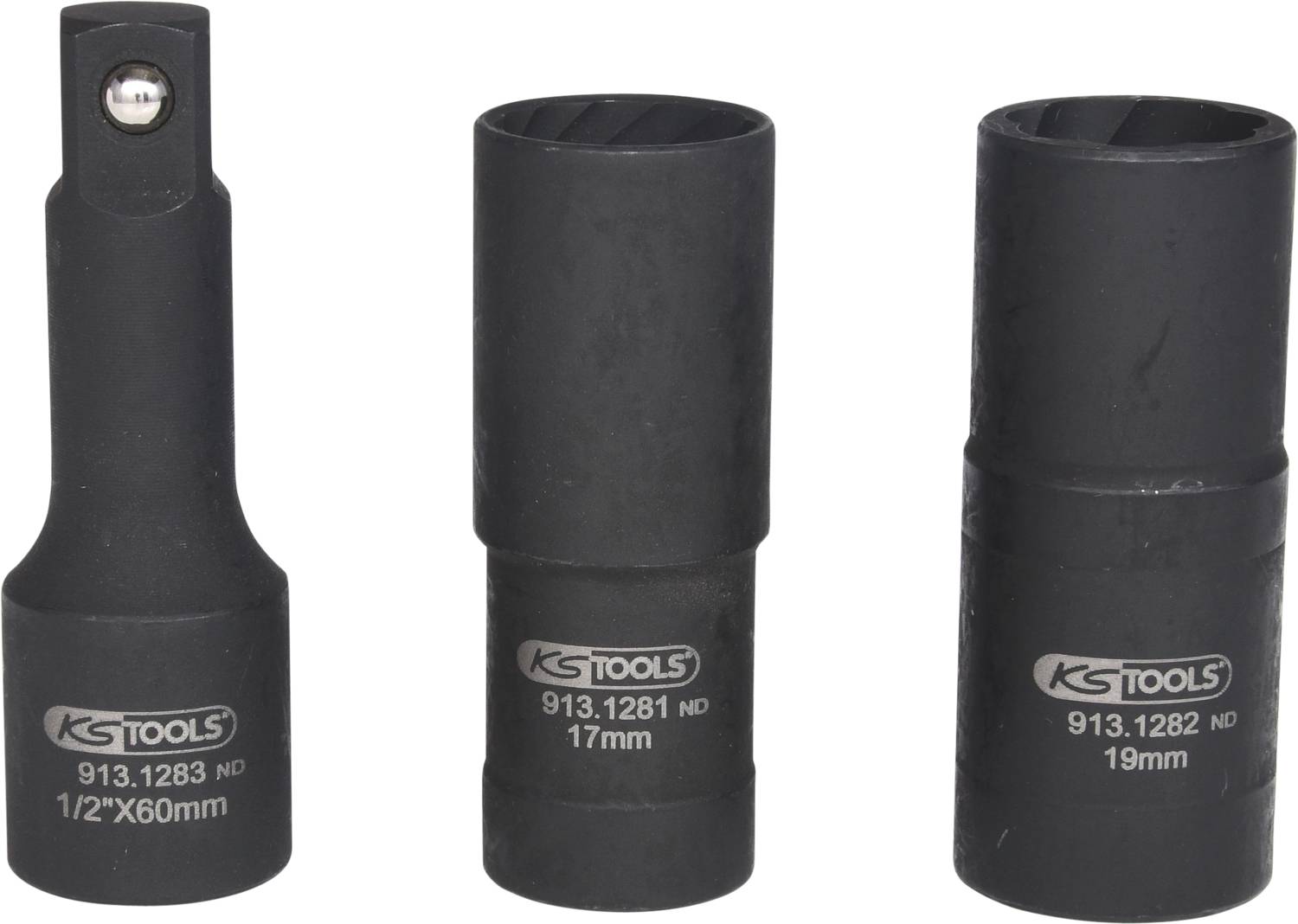 'Drei schwarze Stecknüsse von KS Tools mit Größenangaben: 1/2