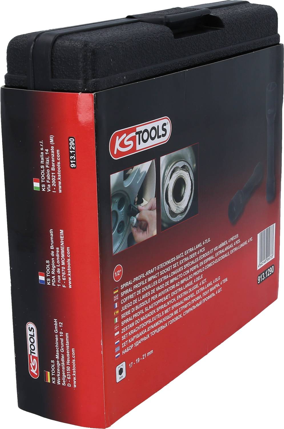 Schwarzer Werkzeugkoffer von KS TOOLS mit rotem Etikett. Zeigt Nahaufnahme von Werkzeugdetails und enthält Produktinformationen auf mehreren Sprachen.