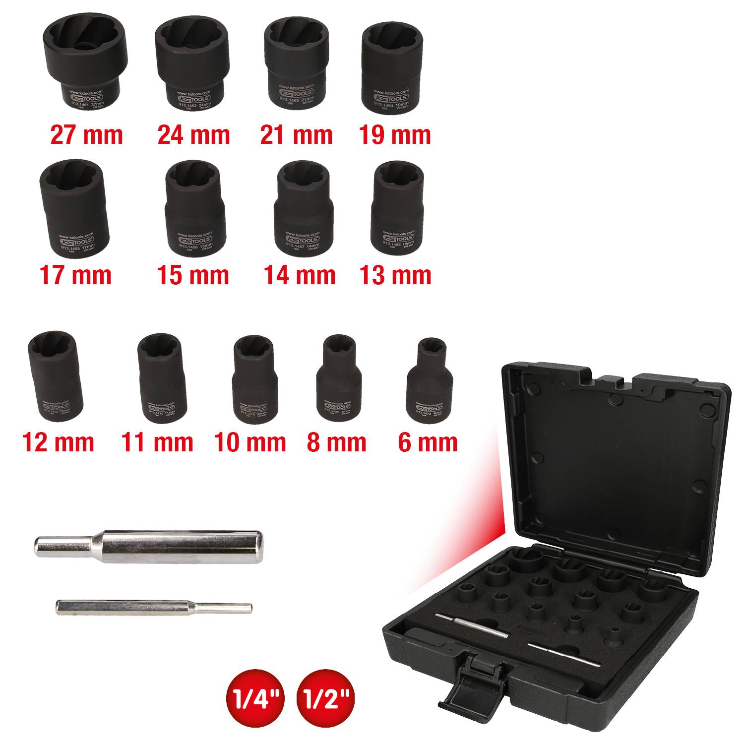Steckschlüssel-Set: Verschiedene Größen (6 mm bis 27 mm) mit Aufbewahrungsbox und Zubehör. Geeignet für 1/4