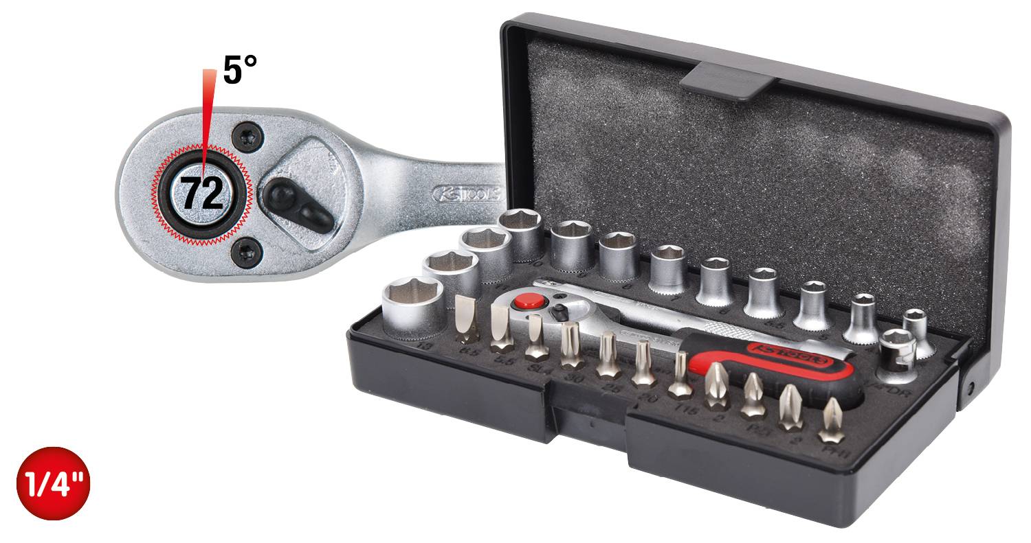 Satz mit Ratsche, Stecknüssen und Bits in einem schwarzen Etui. Die Ratsche zeigt '72' mit einem Neigungswinkel von 5 Grad.