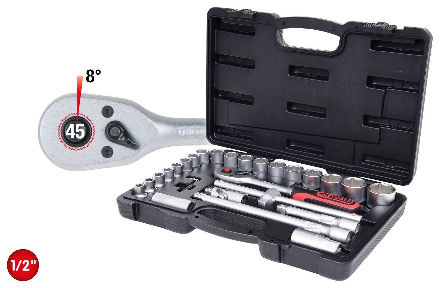 Ratschen-Set in offenem Koffer, zeigt Ratsche mit 45-Zahn-Mechanismus und 8° Arbeitswinkel. Verschiedene Aufsätze und Zubehörteile enthalten.