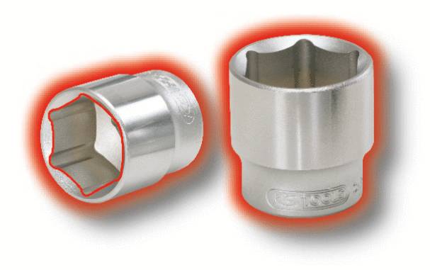 Zwei Steckschlüsseleinsätze aus Metall, einer mit hervorgehobener sechseckiger Öffnung, auf weißem Hintergrund.