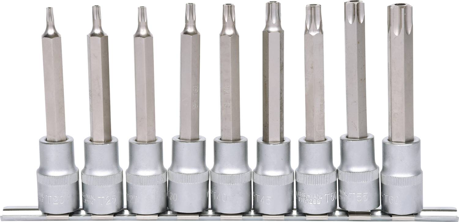 Ein Set von zehn silbernen Schraubendreher-Bits in verschiedenen Formen, aufgereiht in einem Halter.