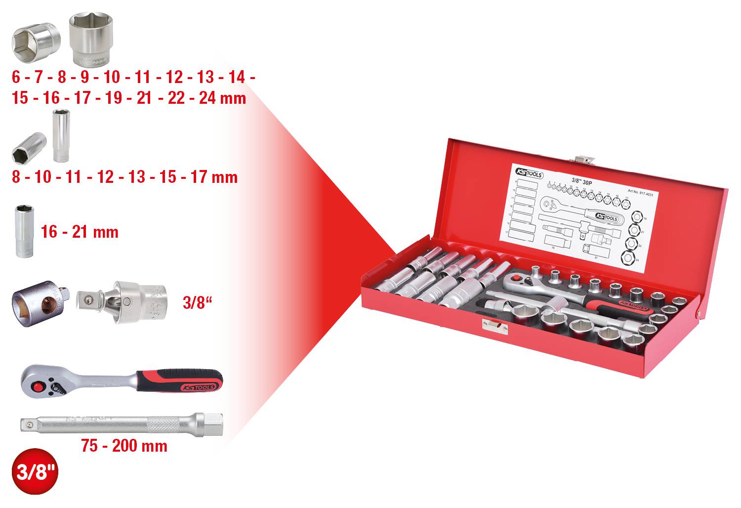 Steckschlüssel-Set in roter Box, Größen von 6 bis 24 mm, enthält Umschaltknarre, Verlängerungen. Hauptgrößen hervorgehoben: 3/8 Zoll.