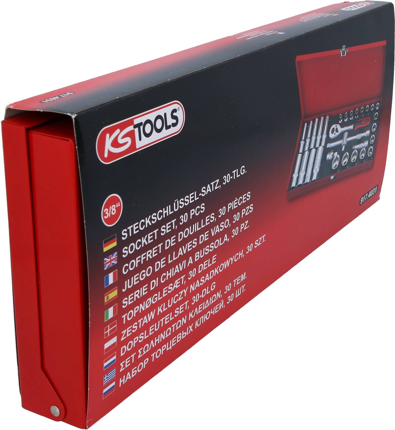 Roter Werkzeugkasten mit der Aufschrift 'Steckschlüssel-Satz, 30-tlg.' und Abbildungen von Werkzeugen auf der Verpackung.