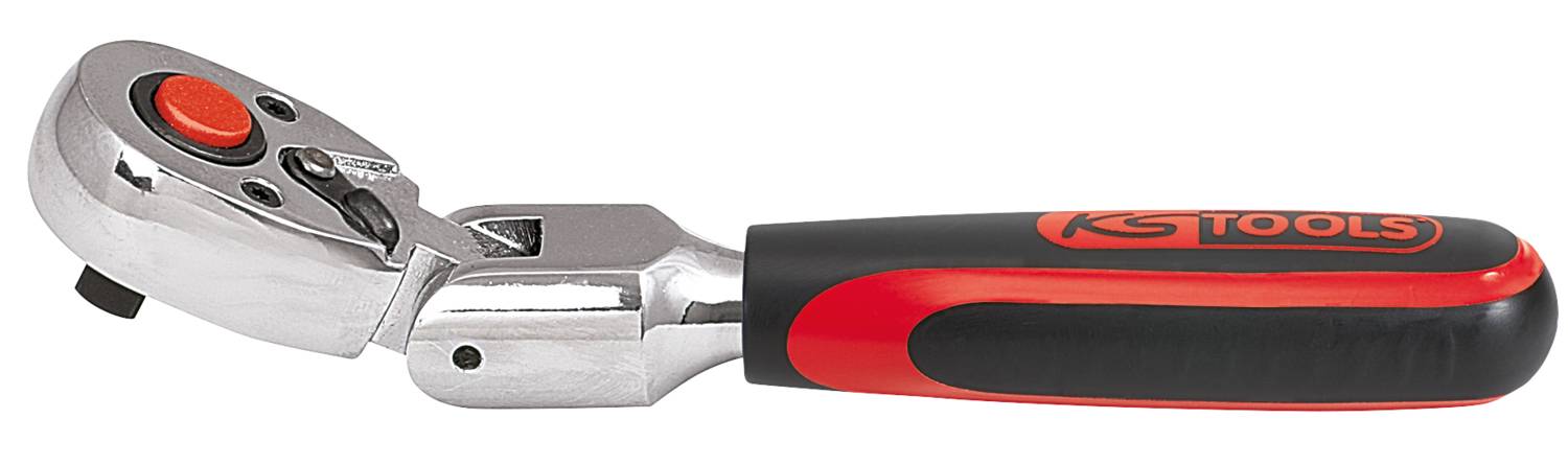 Ein verchromter Ratschen-Schraubenschlüssel mit ergonomischem, rot-schwarzem Griff. Geeignet für Werkstatt- und Heimwerkeranwendungen.