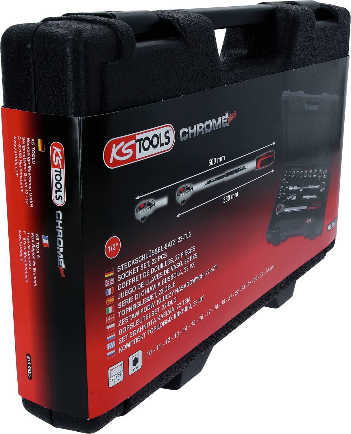 Schwarzer Werkzeugkoffer mit rotem KS Tools Logo, enthält einen 23-tlg. Steckschlüsselsatz, abgebildet mit Werkzeugdetails.