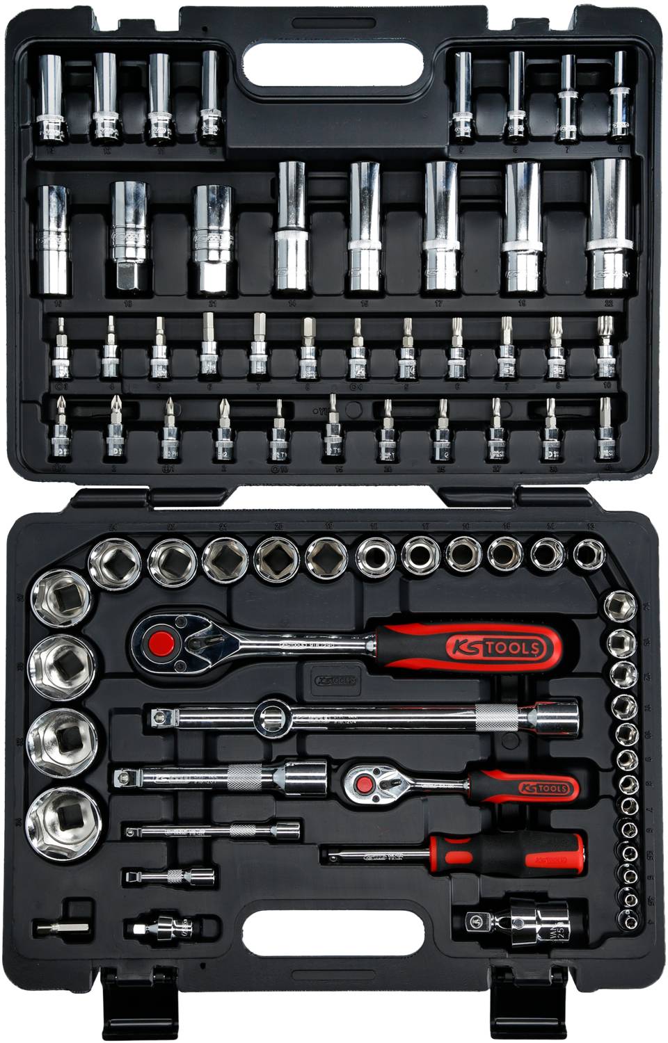 Werkzeugkoffer mit verschiedenen Stecknüssen, Ratschen und Schraubendrehern. Ideal für mechanische Arbeiten und Reparaturen.