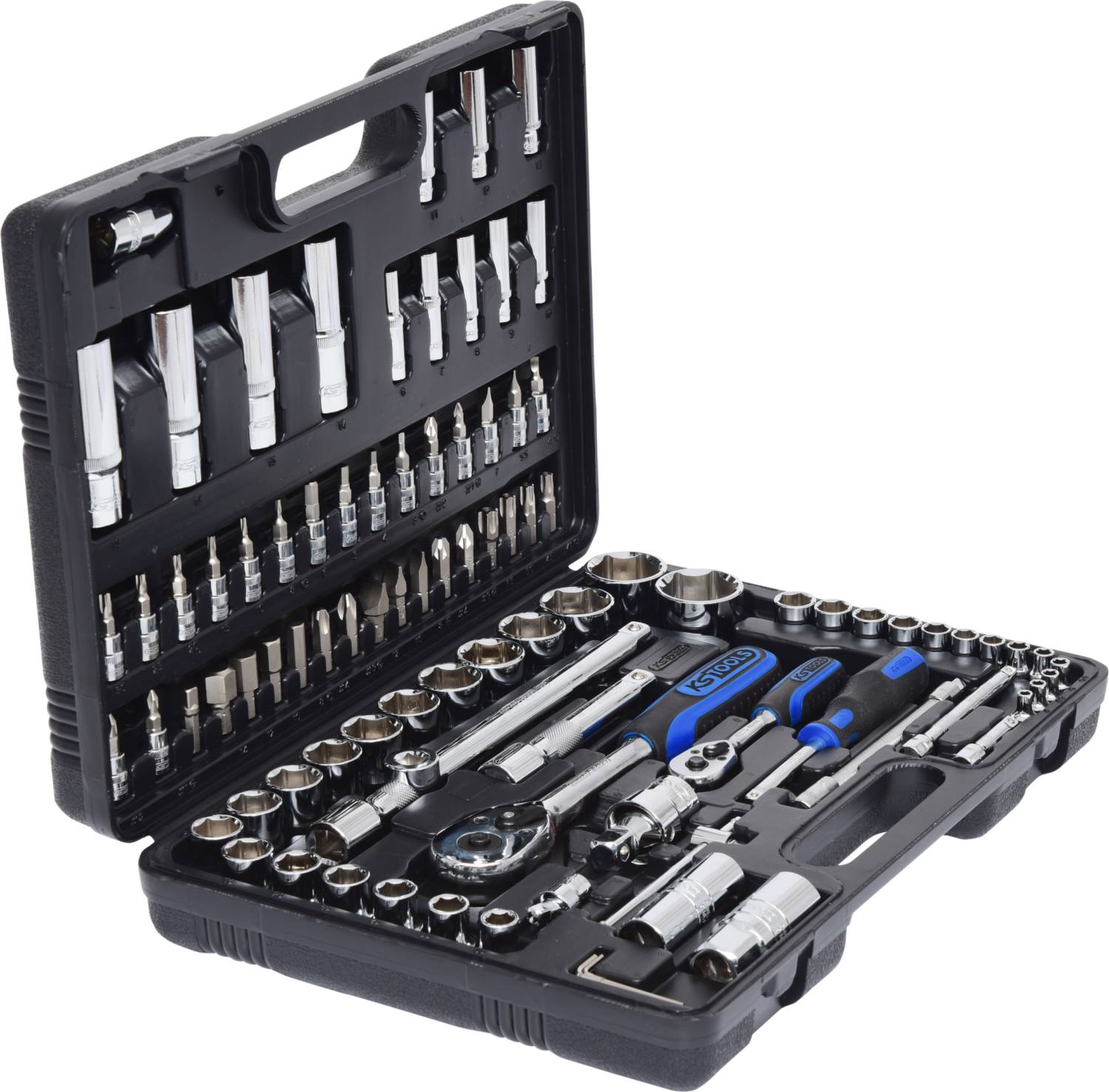 Werkzeugkoffer mit umfangreichem Sortiment an Schraubenschlüsseln, Stecknüssen und Bits in geöffneter Position.