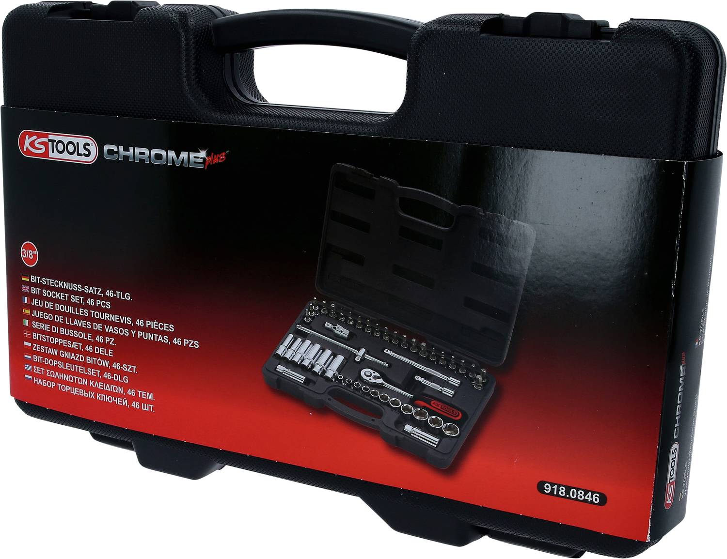 Kunststoffkoffer von KS Tools mit Chrom-Logo. Aufgedrucktes Bild und Beschreibung eines Steckschlüsselsatzes in verschiedenen Sprachen.