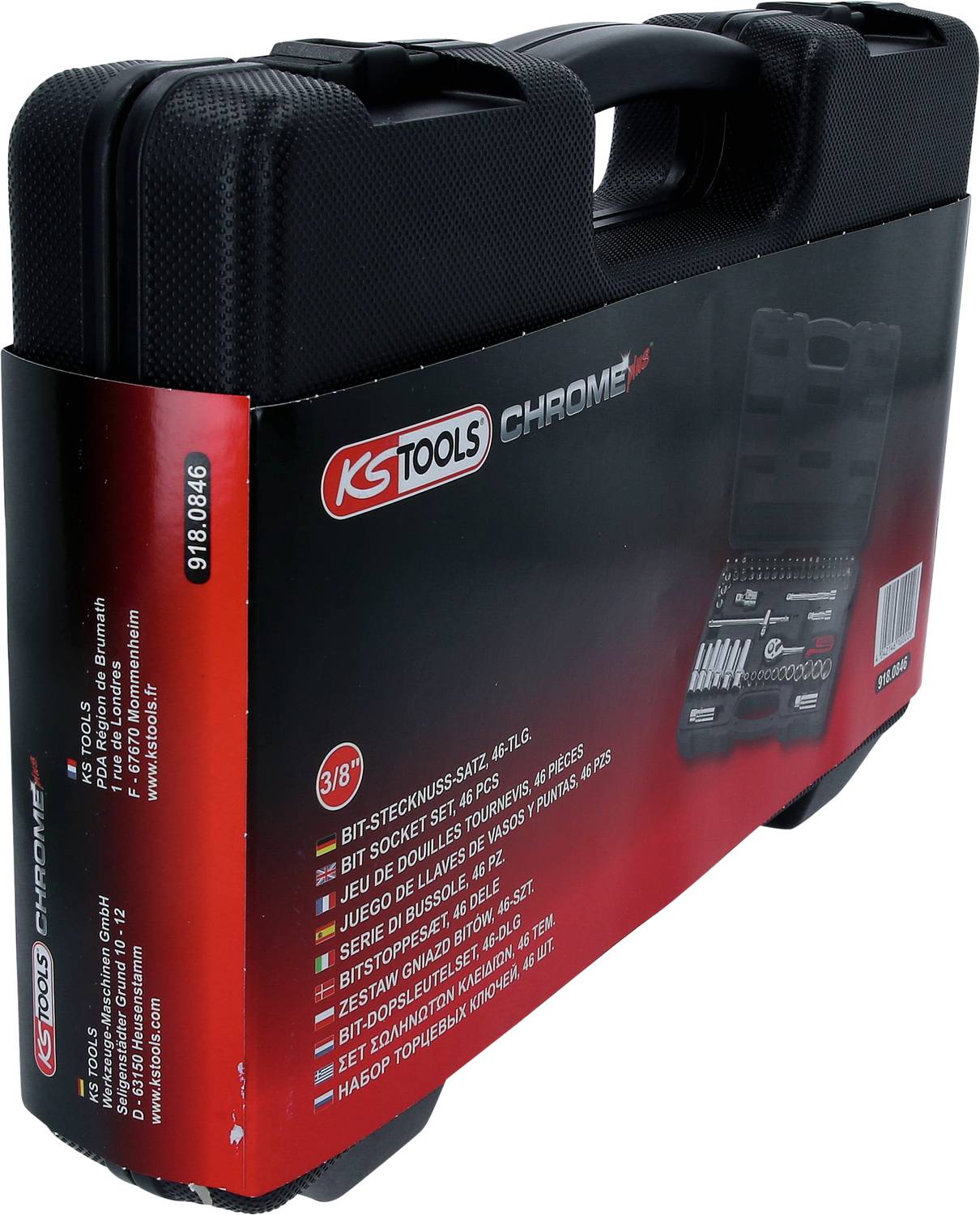 Schwarzer Werkzeugkoffer von KS Tools mit Chrom-Schriftzug, zeigt an der Seite eine Produktabbildung und technische Details.