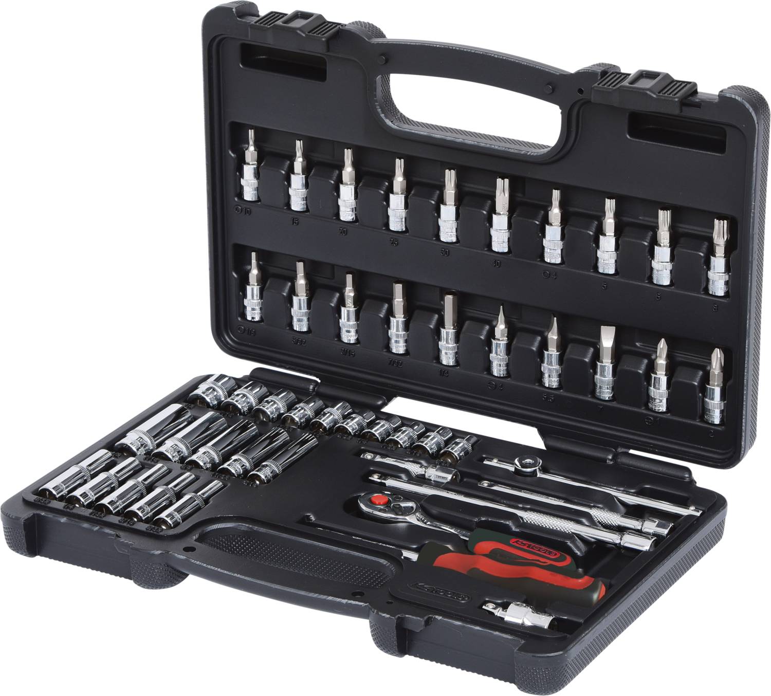 Ein Werkzeugsatz in einem offenen Koffer zeigt verschiedene Schraubaufsätze und Werkzeuge, darunter ein Schraubenschlüssel und eine Ratsche.