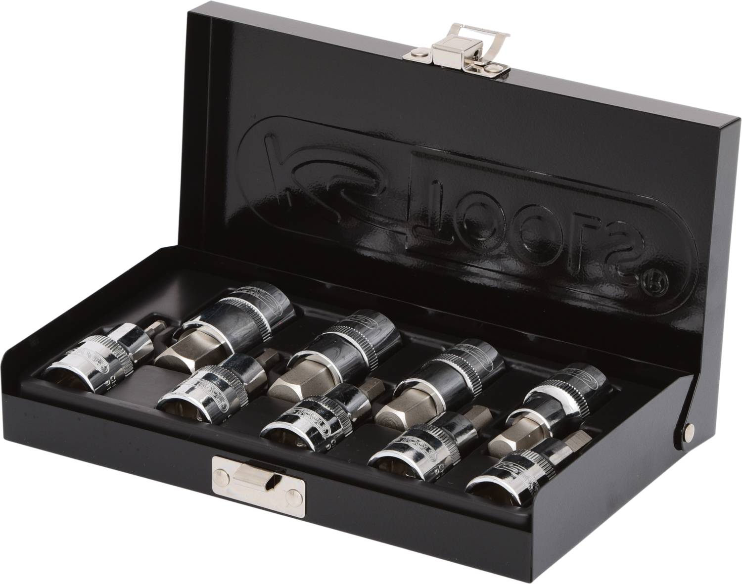 Schwarzer Metallkasten mit sieben silbernen Stecknüssen, ordentlich nebeneinander in Schaumstoff eingelegt. Ideal für Schraubarbeiten.
