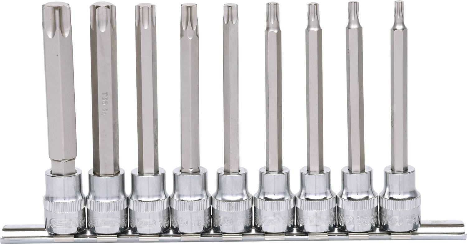 Ein Set von zehn langen Schraubendreher-Bits in verschiedenen Formen und Größen angeordnet auf einer Metallleiste.