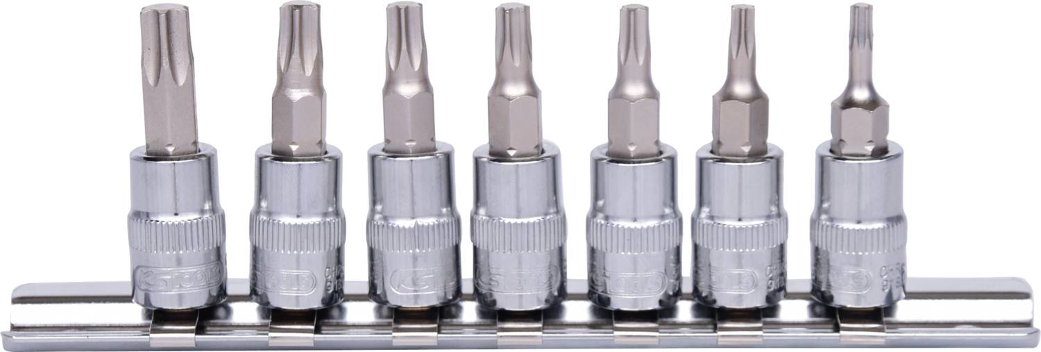 Sechsteilige Torx-Bit-Satz mit Chromfinish auf Schiene. Tools verschiedener Größen sind nebeneinander aufgereiht.
