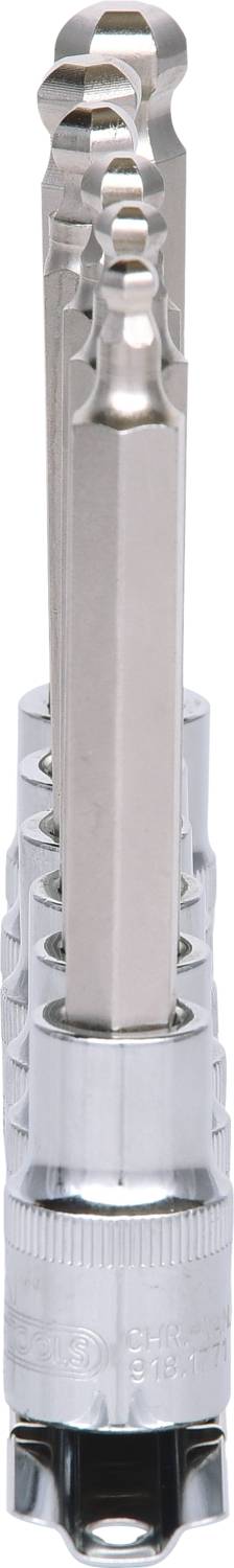 Ein Satz Sechskant-Bits in verschiedenen Größen, gestapelt aufeinander, aus glänzendem Metall. Ideal für mechanische Arbeiten.