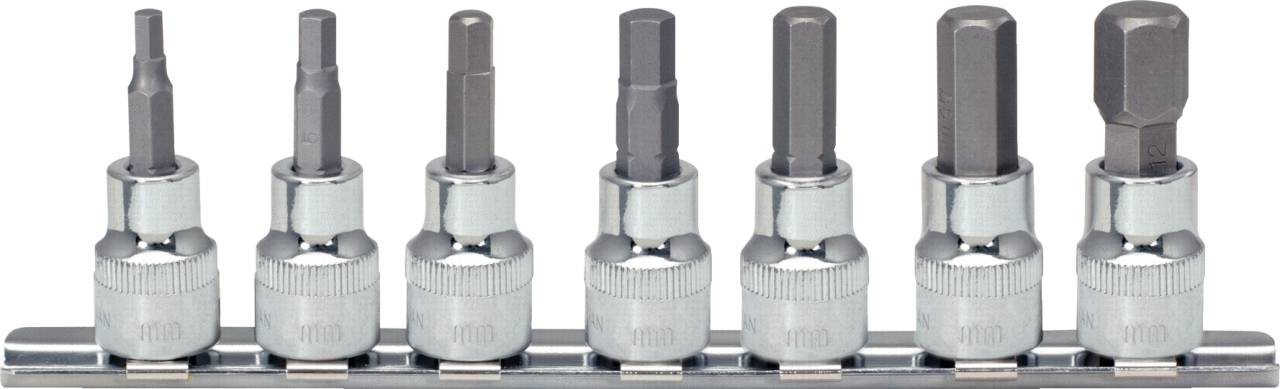 Satz Torx-Bits auf einer Halterung, sortiert nach Größe von klein nach groß, geeignet für Schraubarbeiten in Werkstätten.
