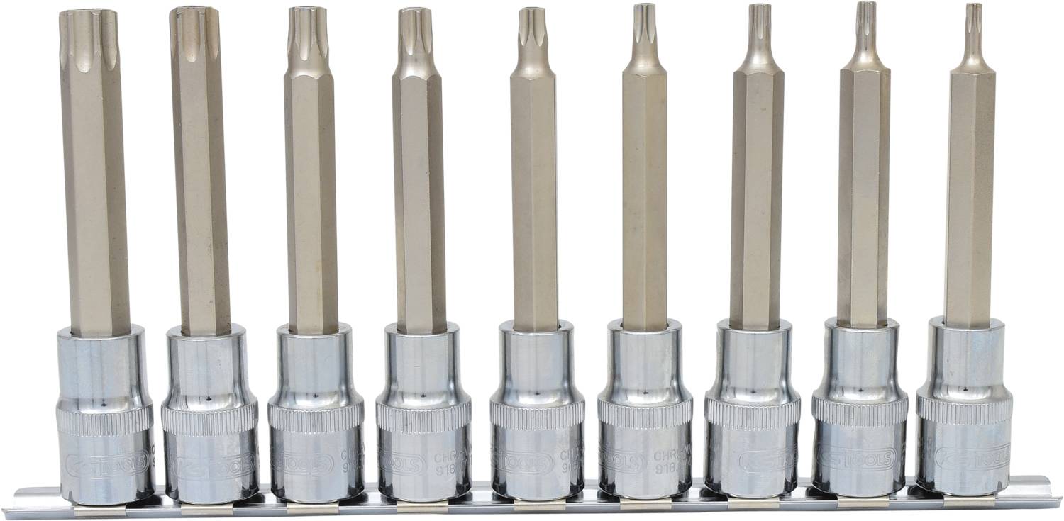Ein Satz Torx-Steckschlüssel in verschiedenen Größen, aufgereiht in einer Halterung. Ideal für präzises Schrauben.