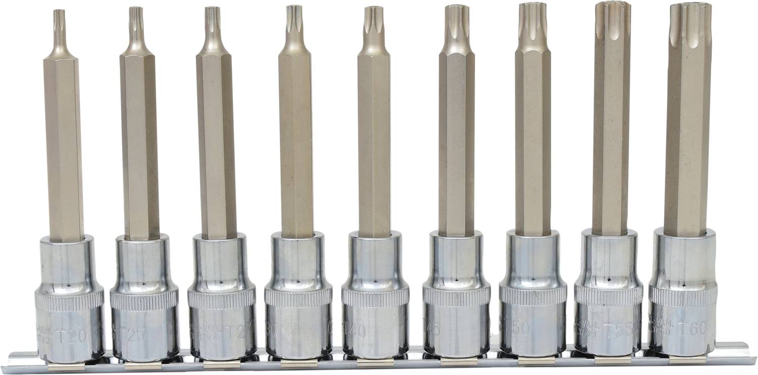 Satz von neun langen Torx-Bits in verschiedenen Größen, aufgereiht in einer Halterung, mit silbernen Metallverbindungen.