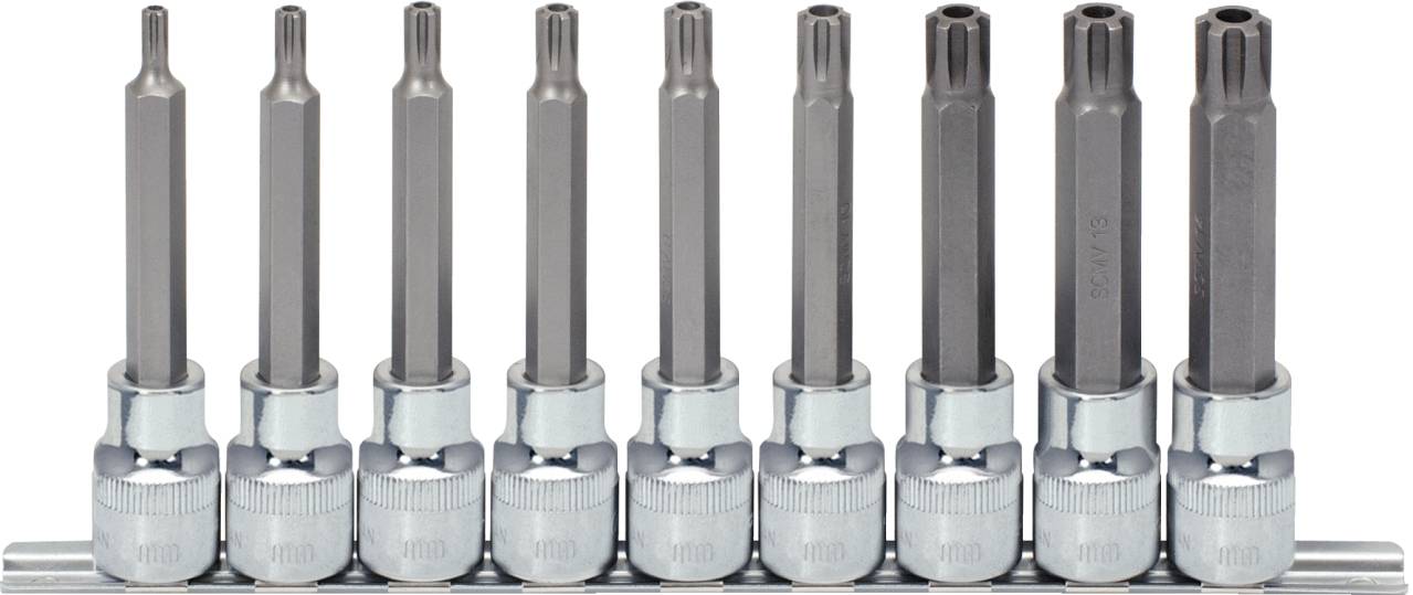 Ein Set aus zehn Torx-Bit-Steckschlüsseln in verschiedenen Größen, angeordnet auf einer Metallhalterung, für mechanische Anwendungen.