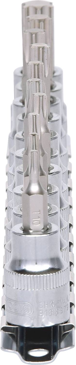 Ein Satz von Torx-Bits in einem silbernen Bit-Halter, vertikal aufgereiht, geeignet für den Einsatz mit Schraubendrehern oder Bohrern.