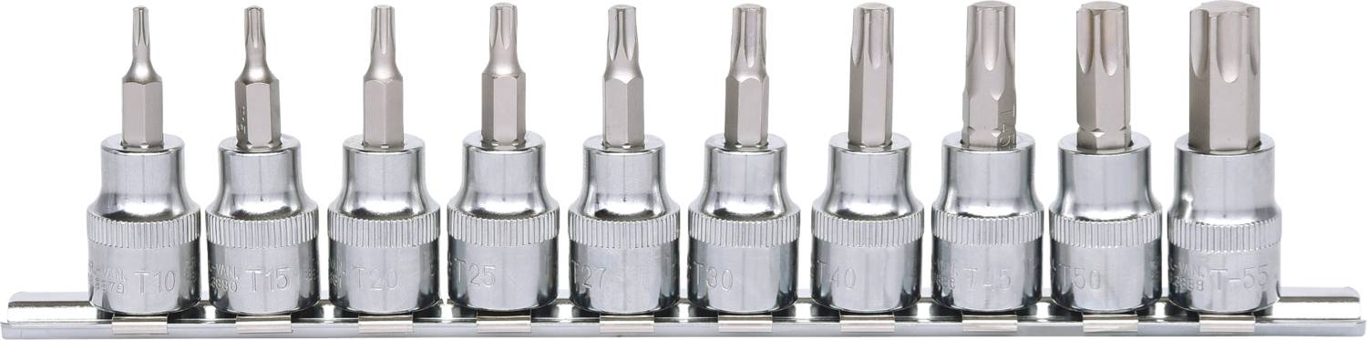Ein Set von zehn silbernen Torx-Bits auf einem Halter, sortiert nach Größe von klein nach groß, für Schraubarbeiten.