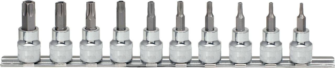 Ein Set von zehn Torx-Schraubendreher-Bits in verschiedenen Größen, auf einer Metallhalterung angeordnet.