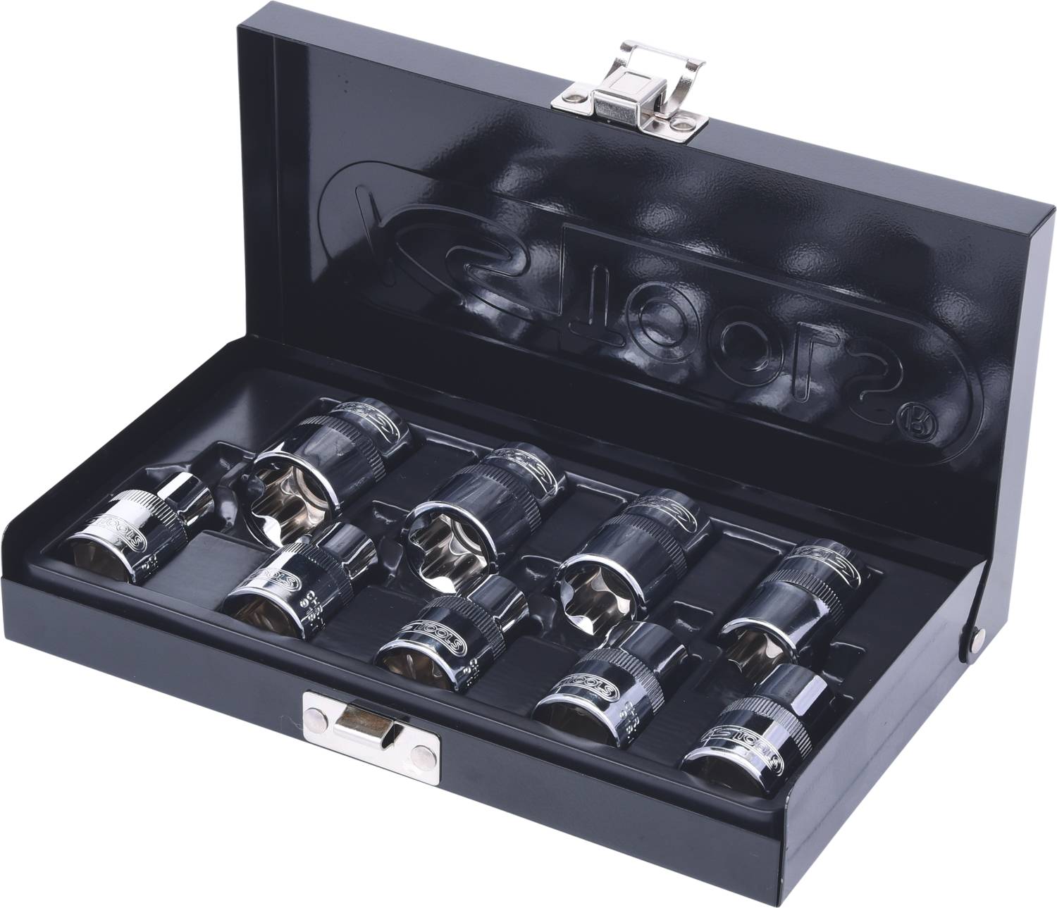 Ein Set von sieben Schaltnüssen in einem schwarzen Metallgehäuse mit offenem Deckel, bereit zur Verwendung.