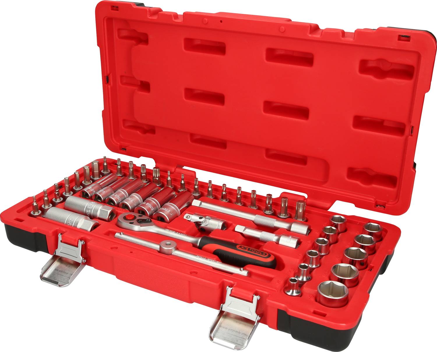 Ein roter Werkzeugkasten mit verschiedenen Steckschlüsseln und Werkzeugen, geöffnet und teilweise sichtbar, für mechanische Arbeiten.