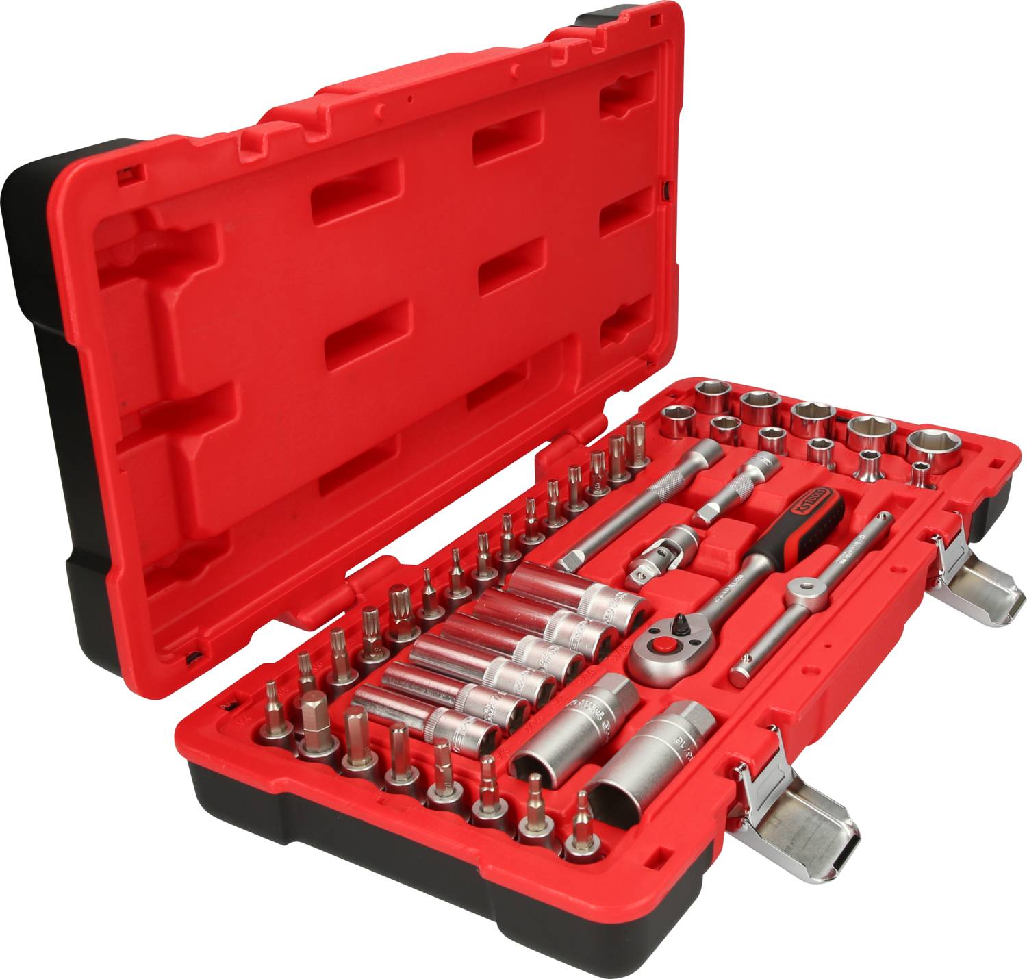 Roter Werkzeugkoffer mit diversen Steckschlüsseln, Ratschen und Bits. Ideal für Reparaturarbeiten und handwerkliche Tätigkeiten.