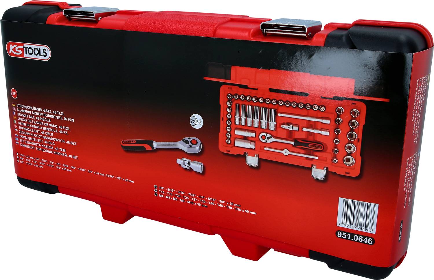 Roter Werkzeugkoffer von KS Tools mit Steckschlüsselsatz und Ratsche abgebildet. Modellnummer: 951.0646.