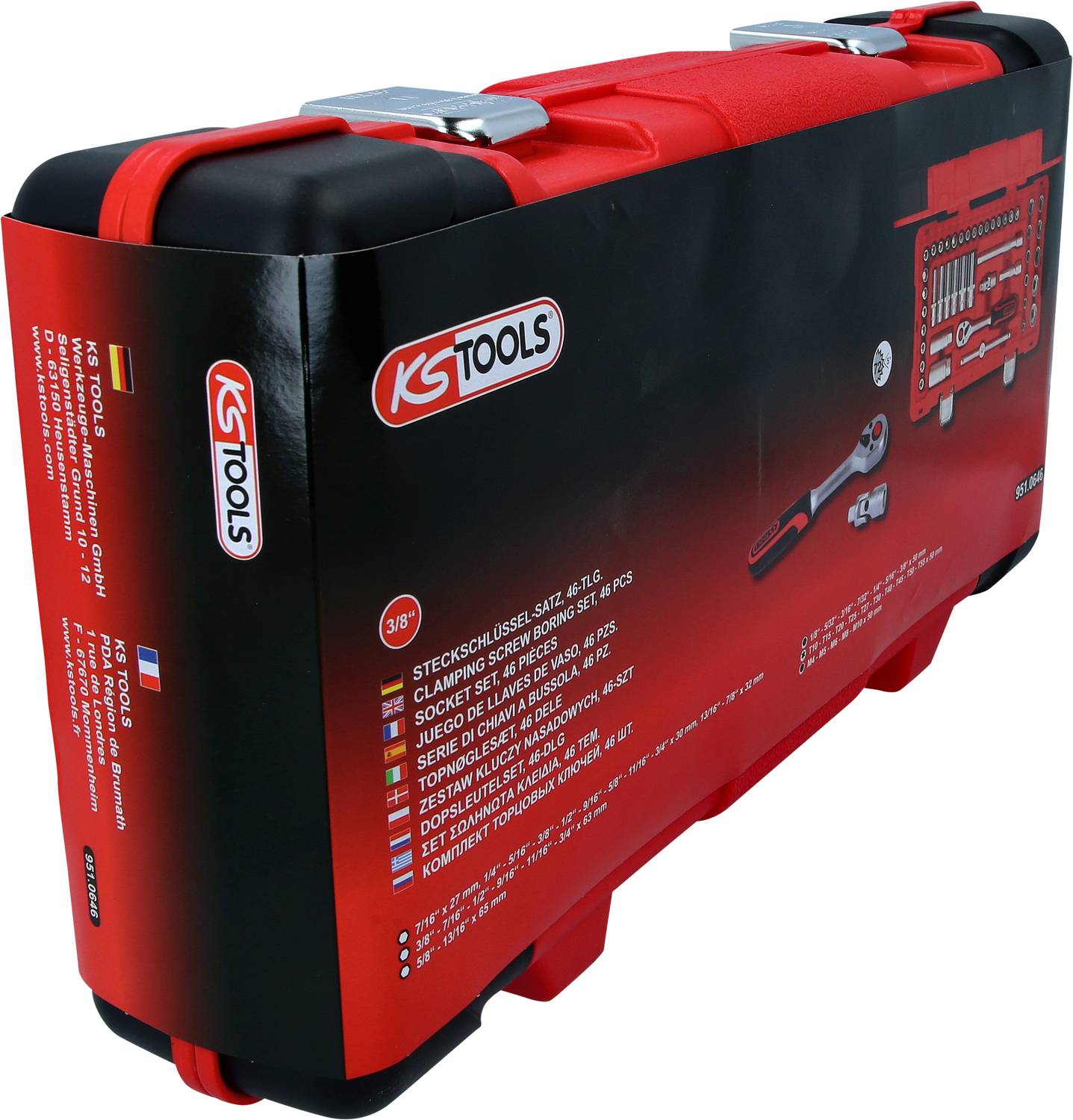 Roter KS-Tools-Werkzeugkoffer mit abgebildetem Werkzeugsatz. Liste der Inhalte aufgedruckt. Entworfen für Werkzeugsortierung.