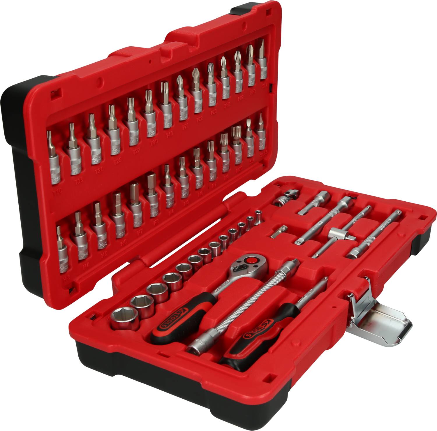 Ein roter Werkzeugkoffer mit verschiedenen Bits und Stecknüssen, sortiert in Fächern, bereit für den Gebrauch.