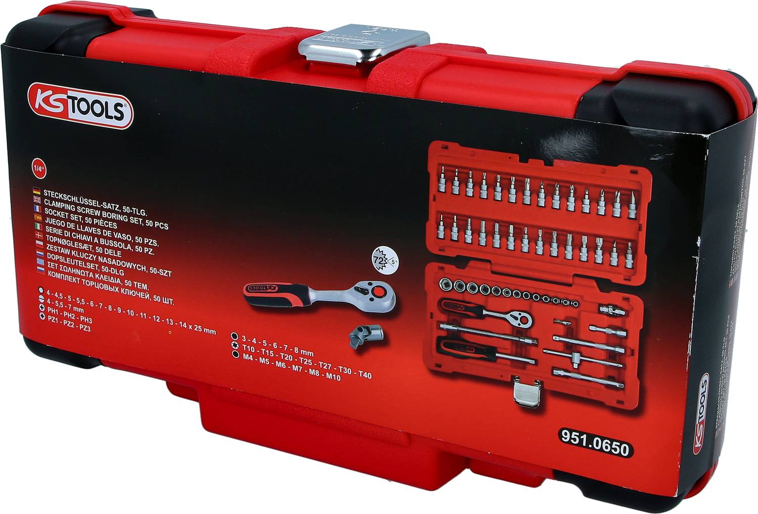 Ratschenschlüssel-Set von KS Tools, Modell 951.0650, in rotem Kasten. Enthält verschiedene Bits und Aufsätze, abgebildet innen.