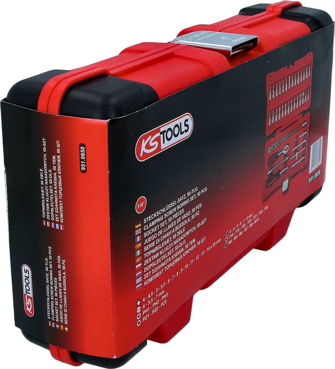 Roter Werkzeugkoffer mit KS Tools-Logo. Enthält Steckschlüsselset, diverse Werkzeuge und Zubehör. Geeignet für vielseitigen Einsatz.
