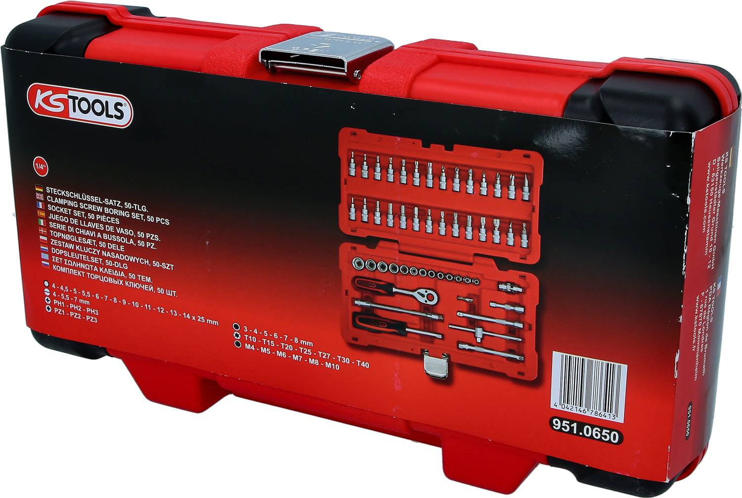 Roter Werkzeugkoffer mit KS Tools-Logo, enthält verschiedene Stecknüsse, Bits und Werkzeug.