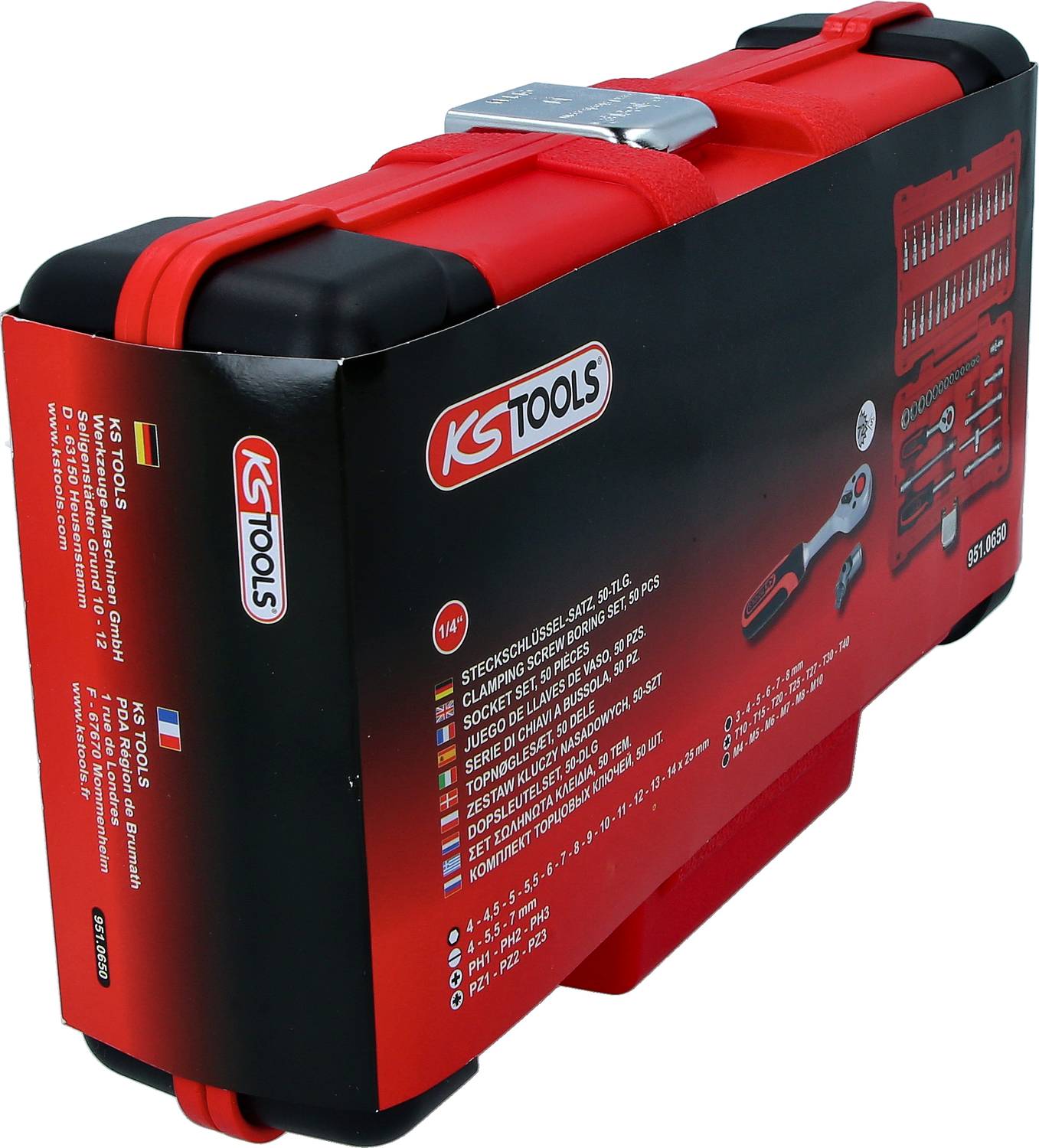 Ein Werkzeugkoffer von KS Tools, rot und schwarz, mit mehreren Steckschlüsselsätzen und Zubehör abgebildet.
