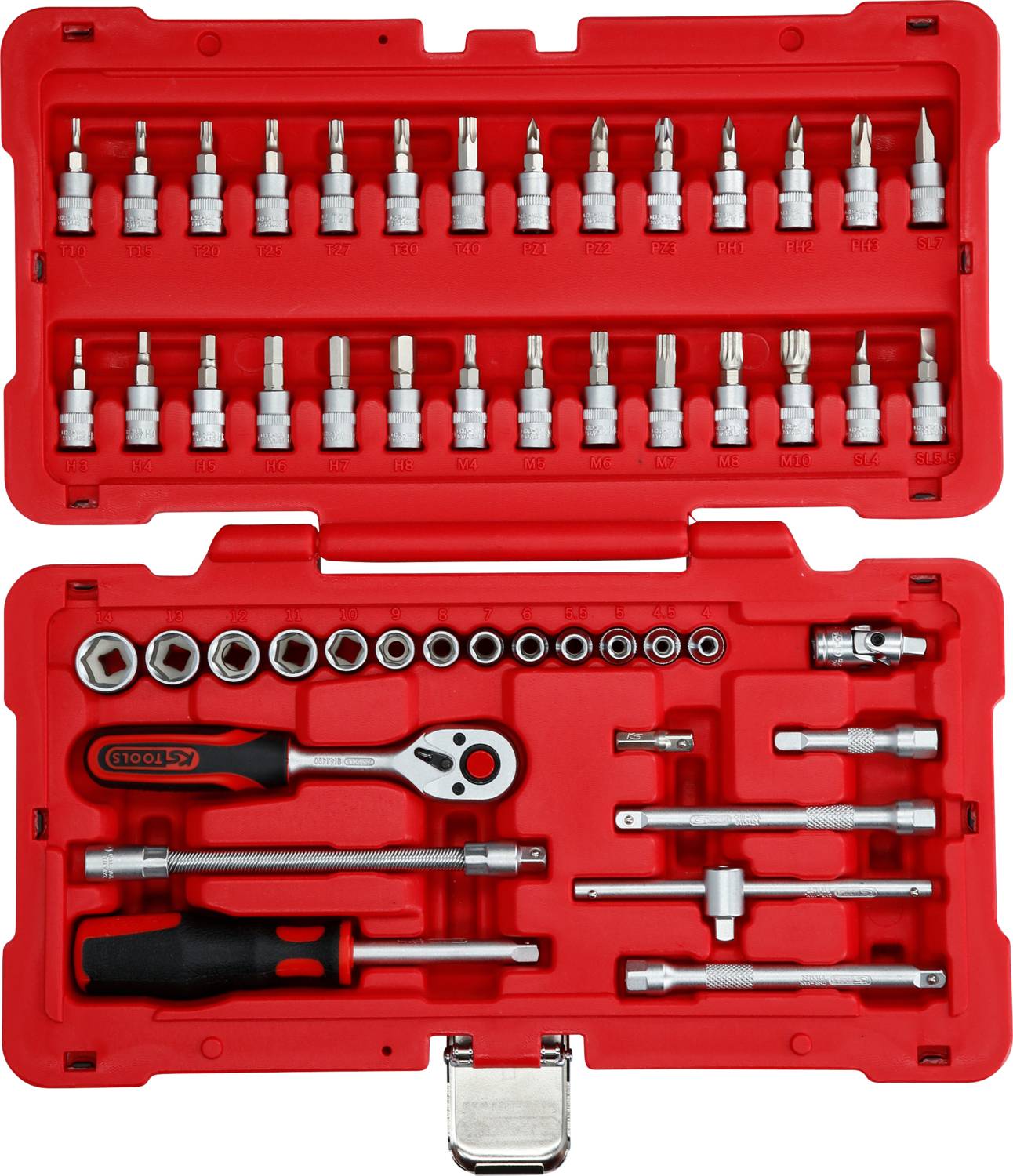 Ein roter Werkzeugkoffer mit verschiedenen Bits und Steckschlüsseleinsätzen. Enthält einen Ratschegriff, Verlängerungen und Adapter.
