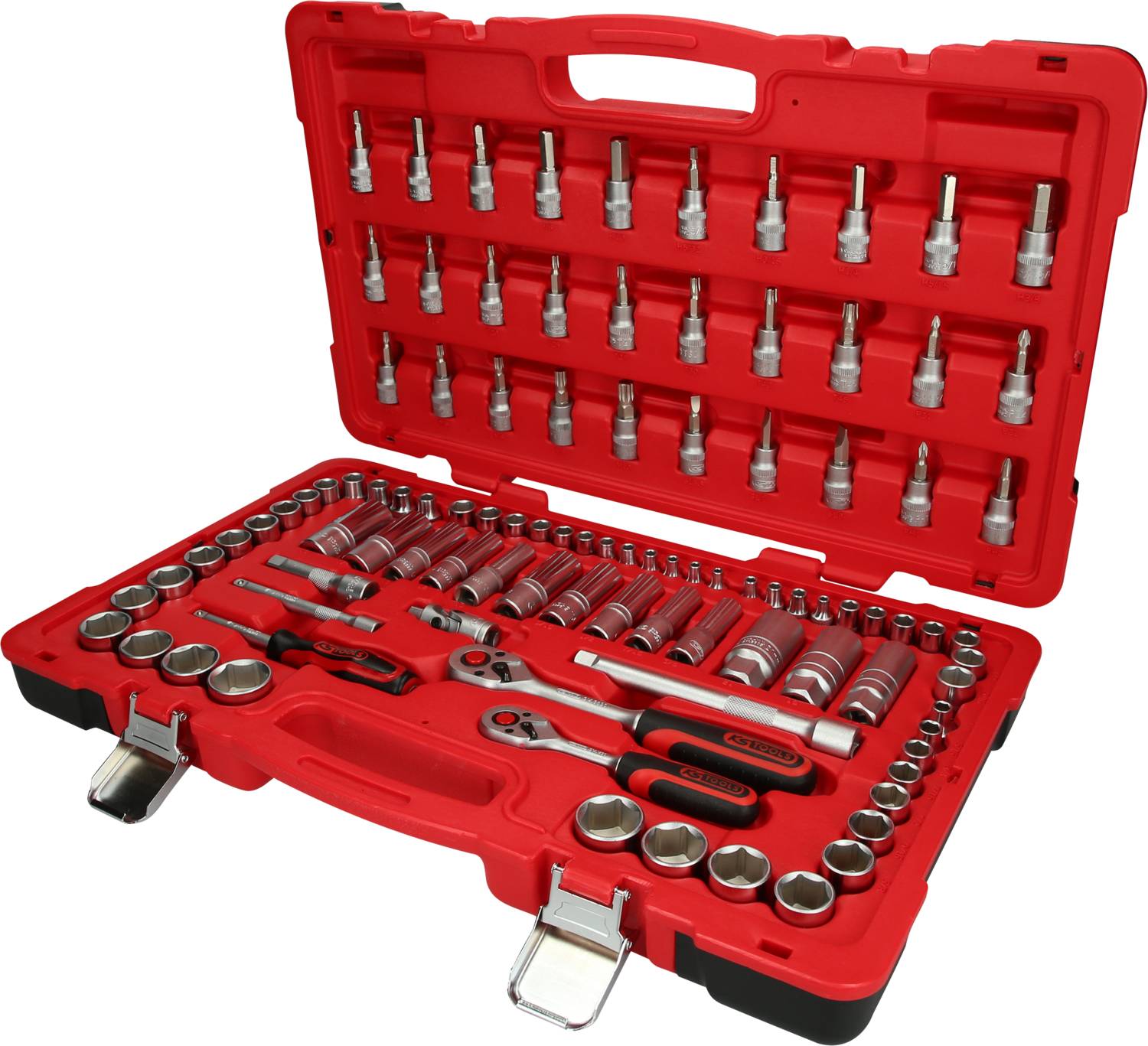 Ein geöffnetes, rotes Werkzeugkoffer-Set mit verschiedenen Steckschlüsseln, Nüssen und Ratschen, geeignet für mechanische Arbeiten.