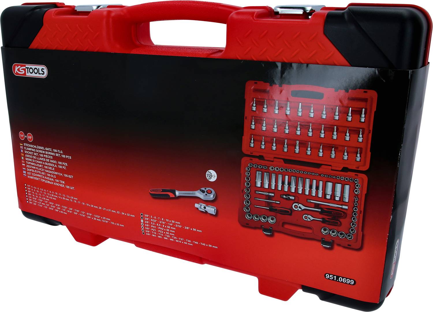 Roter Werkzeugkoffer von KS Tools mit einem Satz Steckschlüssel und verschiedenen Einsätzen, geeignet für mechanische Arbeiten.