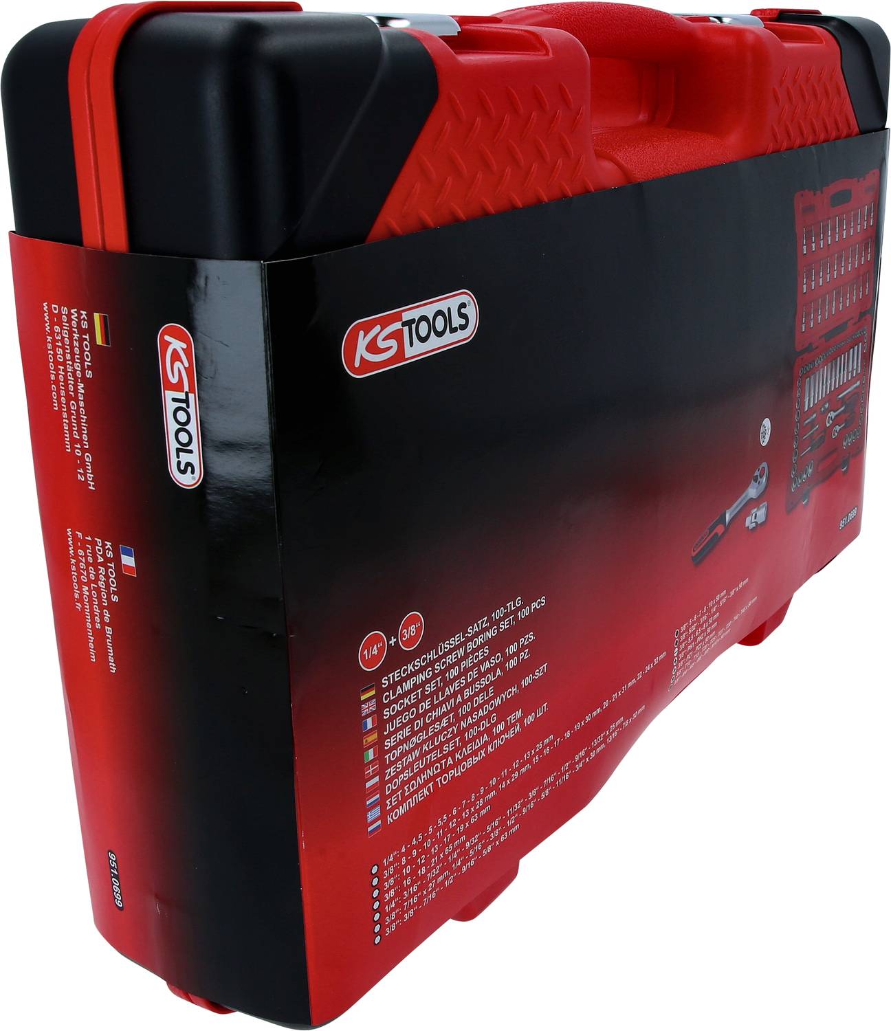 Schwarzer und roter Werkzeugkoffer von KS Tools mit Tragegriff. Auf der Verpackung sind Werkzeuge und Details zum Inhalt abgebildet.