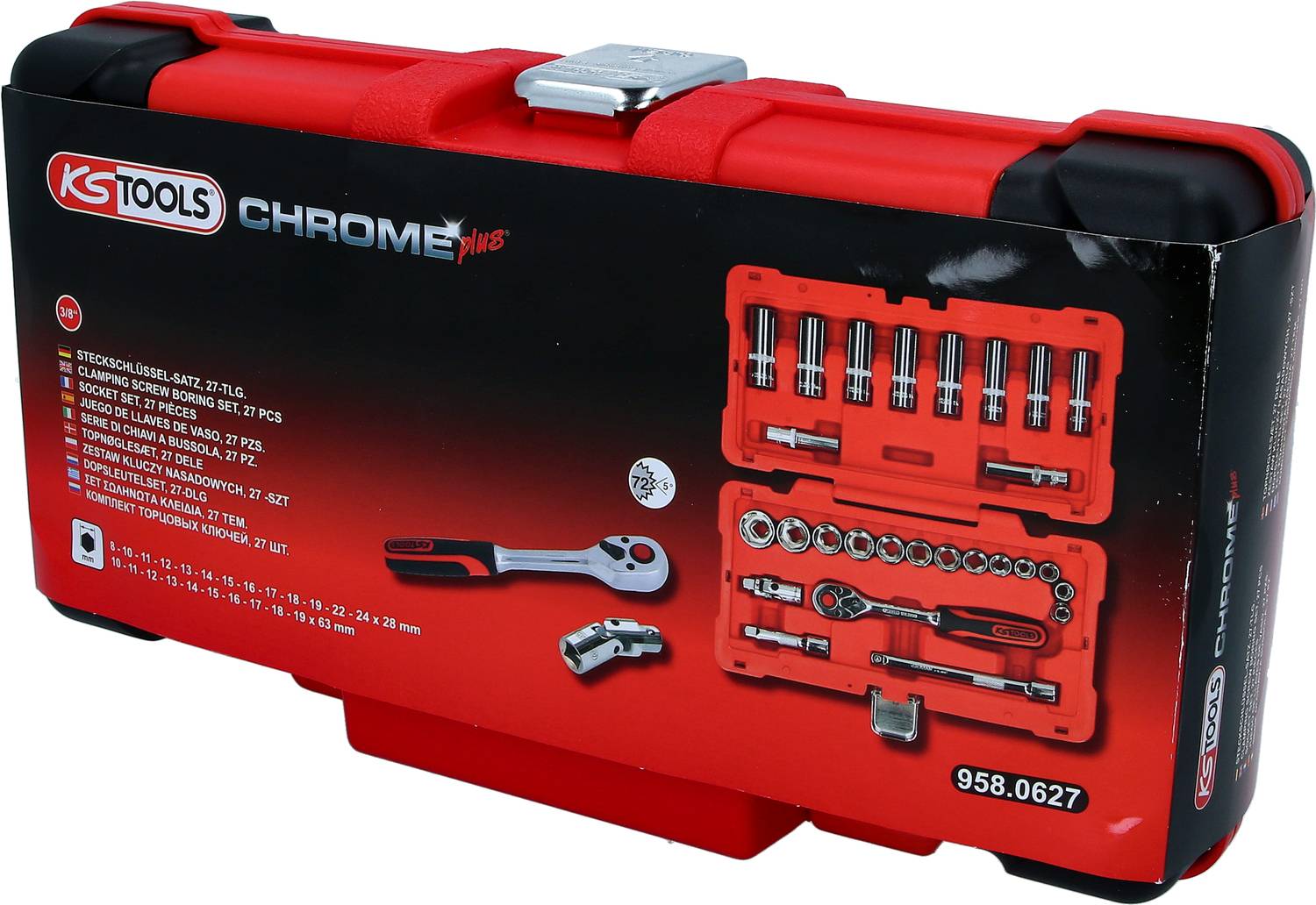 Roter Werkzeugkoffer mit Ratschenschlüssel, Stecknüssen und Zubehör. Markenname 'KS Tools' und Modell 'CHROMEplus' sichtbar.