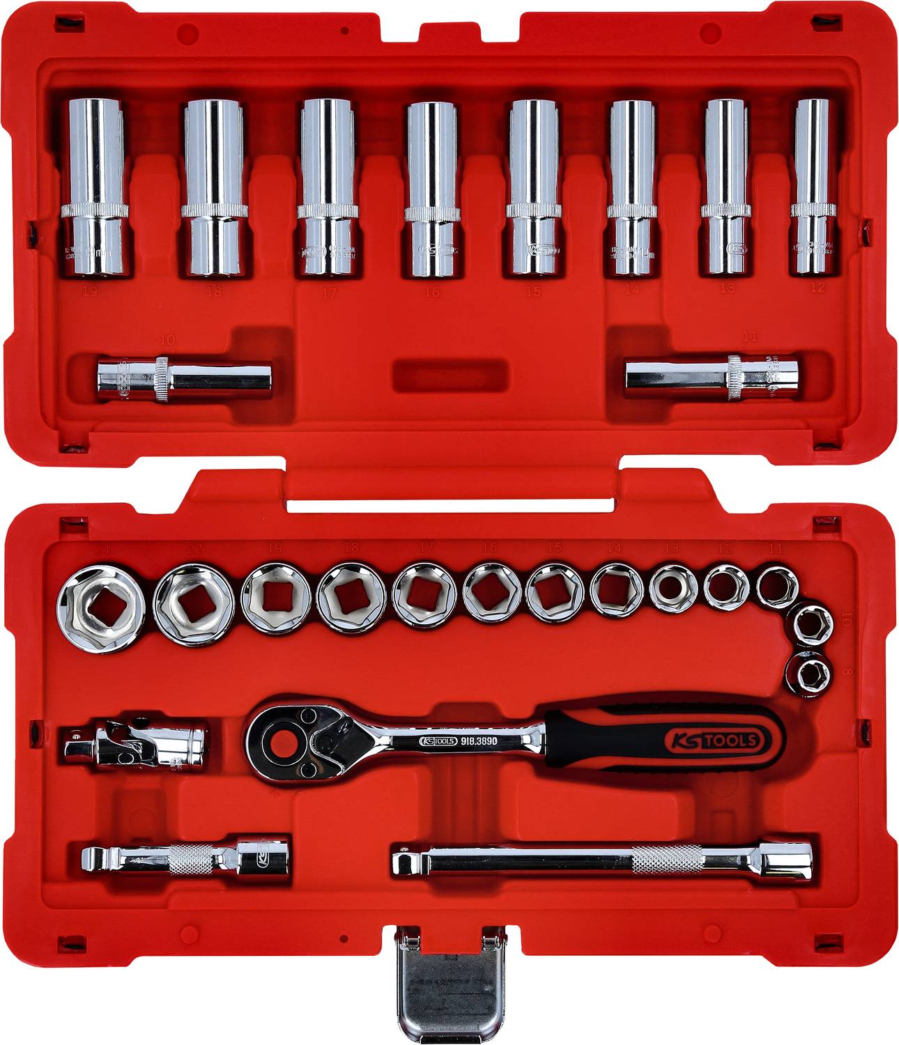 Ein roter Werkzeugkoffer mit verschiedenen Steckschlüsseln, einer Ratsche und Verlängerungen. Werkzeugmarke 'KS Tools'.