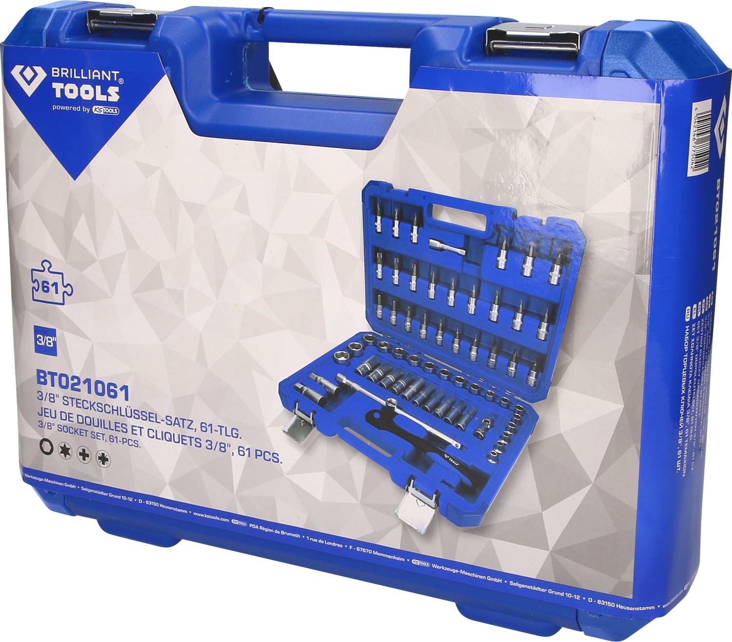 Ein blauer Werkzeugkoffer von Brilliant Tools mit einem 3/8