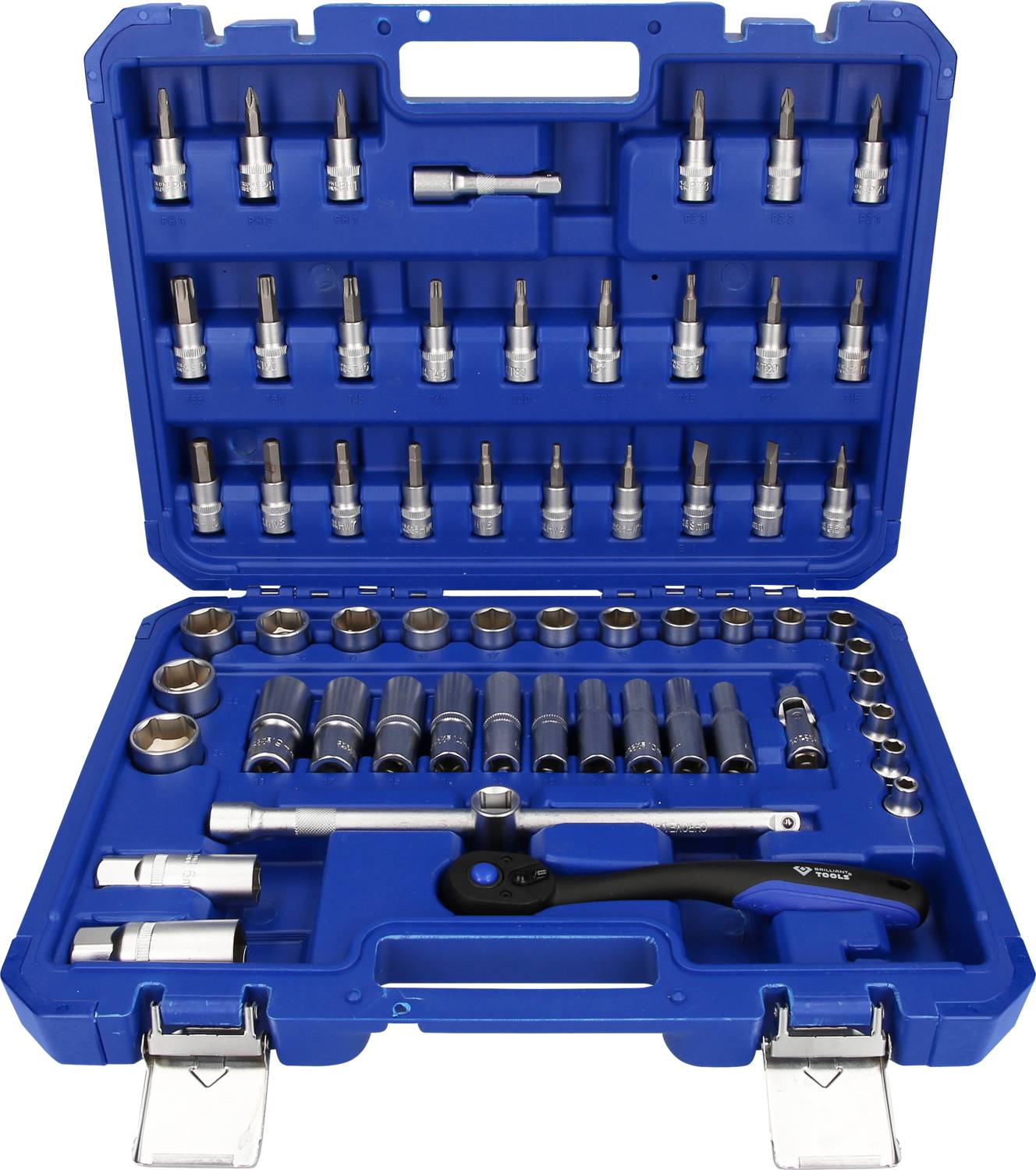 Ein blauer Werkzeugkasten mit verschiedenen Schraubenschlüsseln und Stecknüssen in unterschiedlichen Größen.