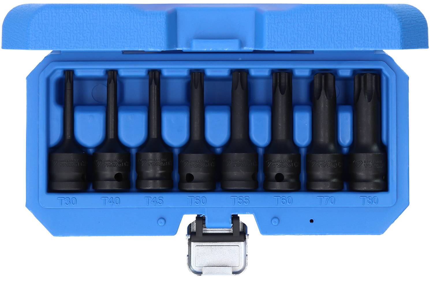 Ein Satz Torx-Schlagschrauber-Bits in einer blauen Kunststoffbox. Die Bits sind der Größe nach geordnet.