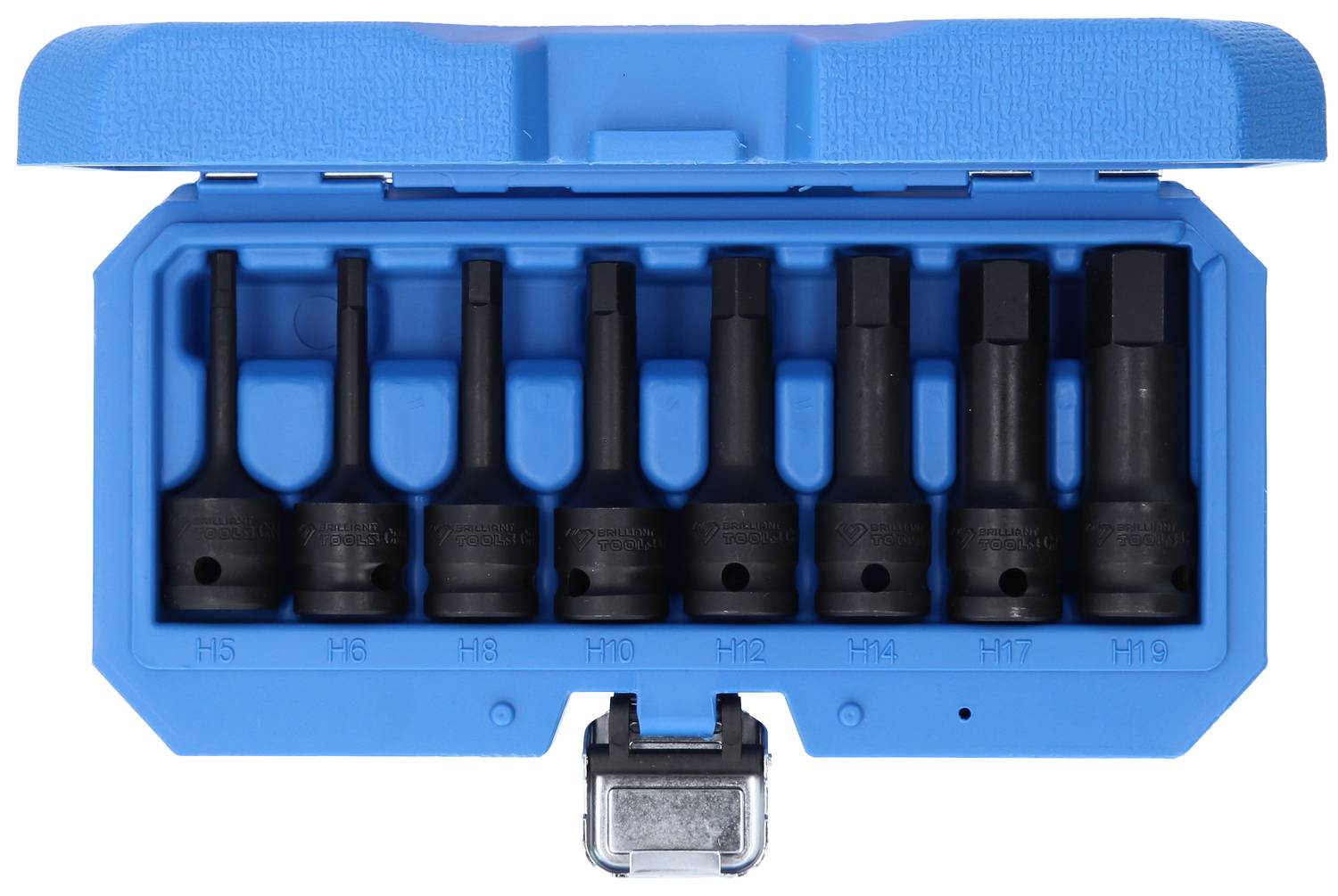 Ein blauer Kasten enthält sieben schwarze Steckschlüssel-Aufsätze in verschiedenen Größen, von H5 bis H19.